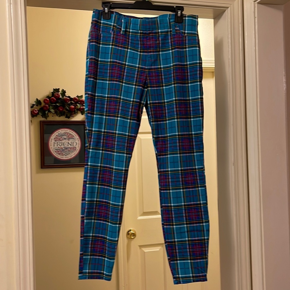 Teal and red plaid skinny jeans